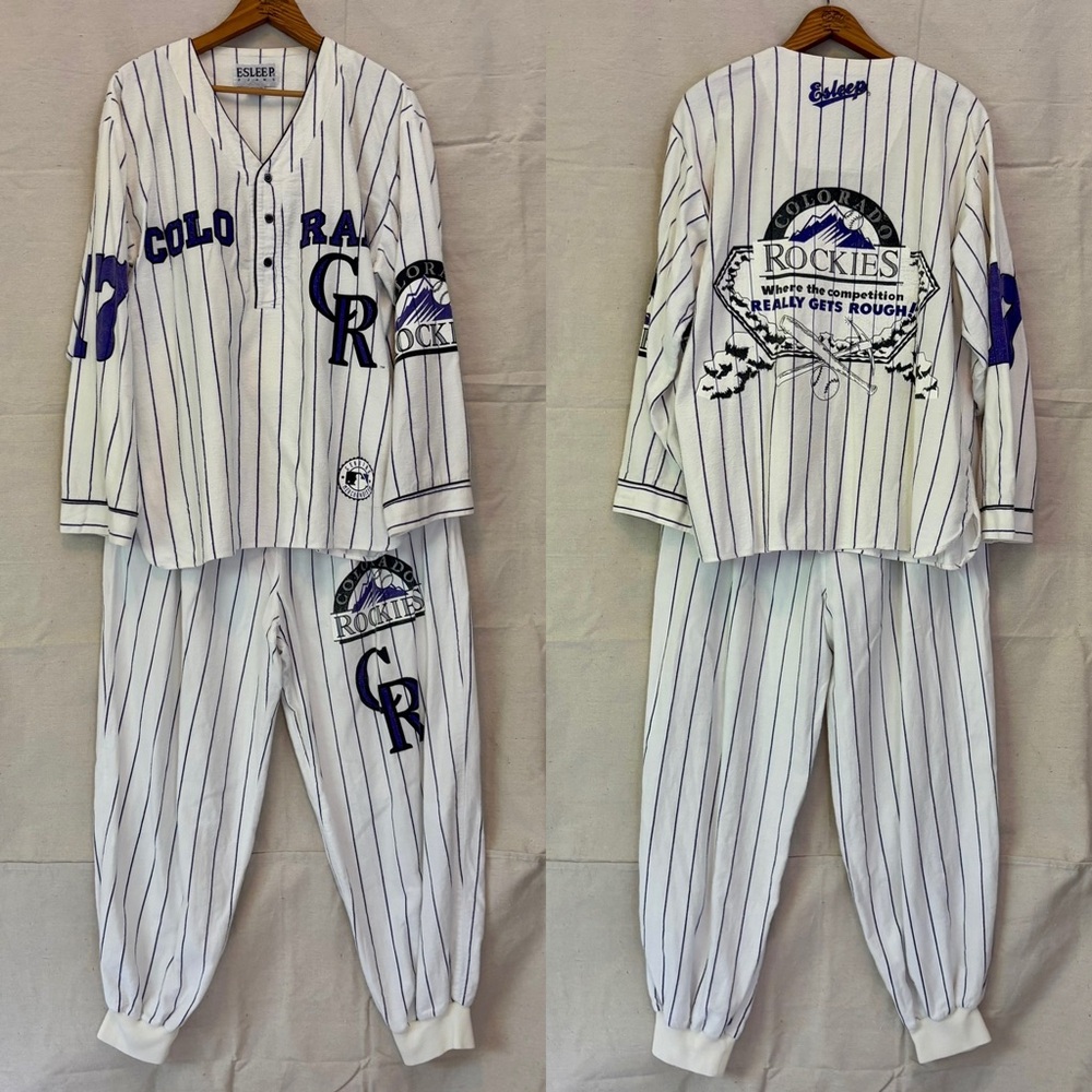 Vintage 90s White Purple Pin Stripe Colorado Rockies Flannel Pajamas ESleep XL - Picture 3 of 12